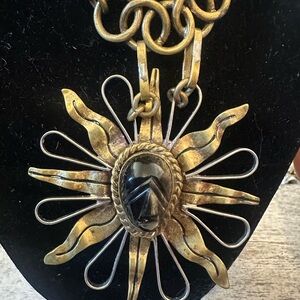 Vintage TAXCO brass Gold and Black Sunburst sundial long Pendant Necklace